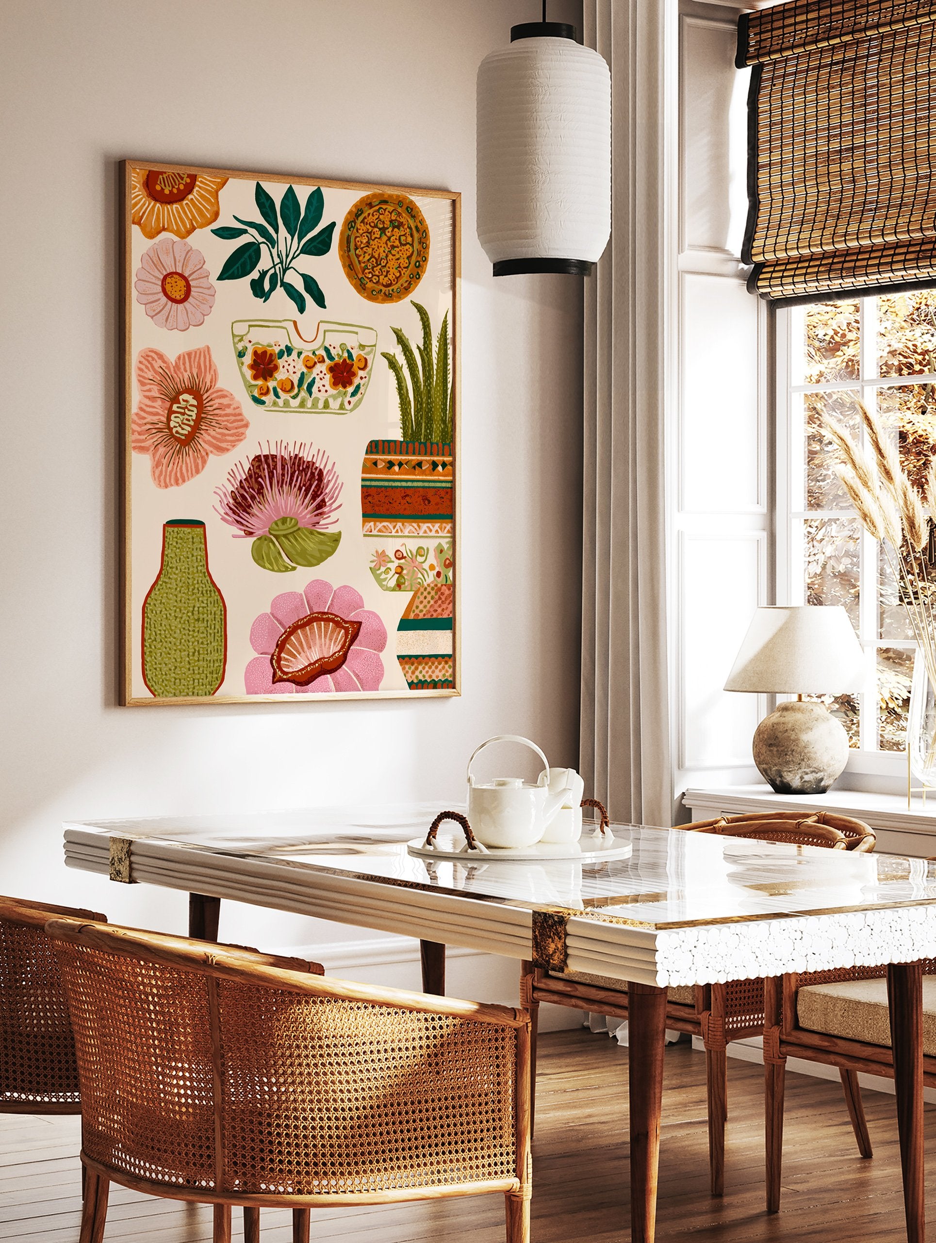 Vibrant botanical wall art illustration with various flowers, a potted succulent, and decorative elements on a light background. - Image 2
