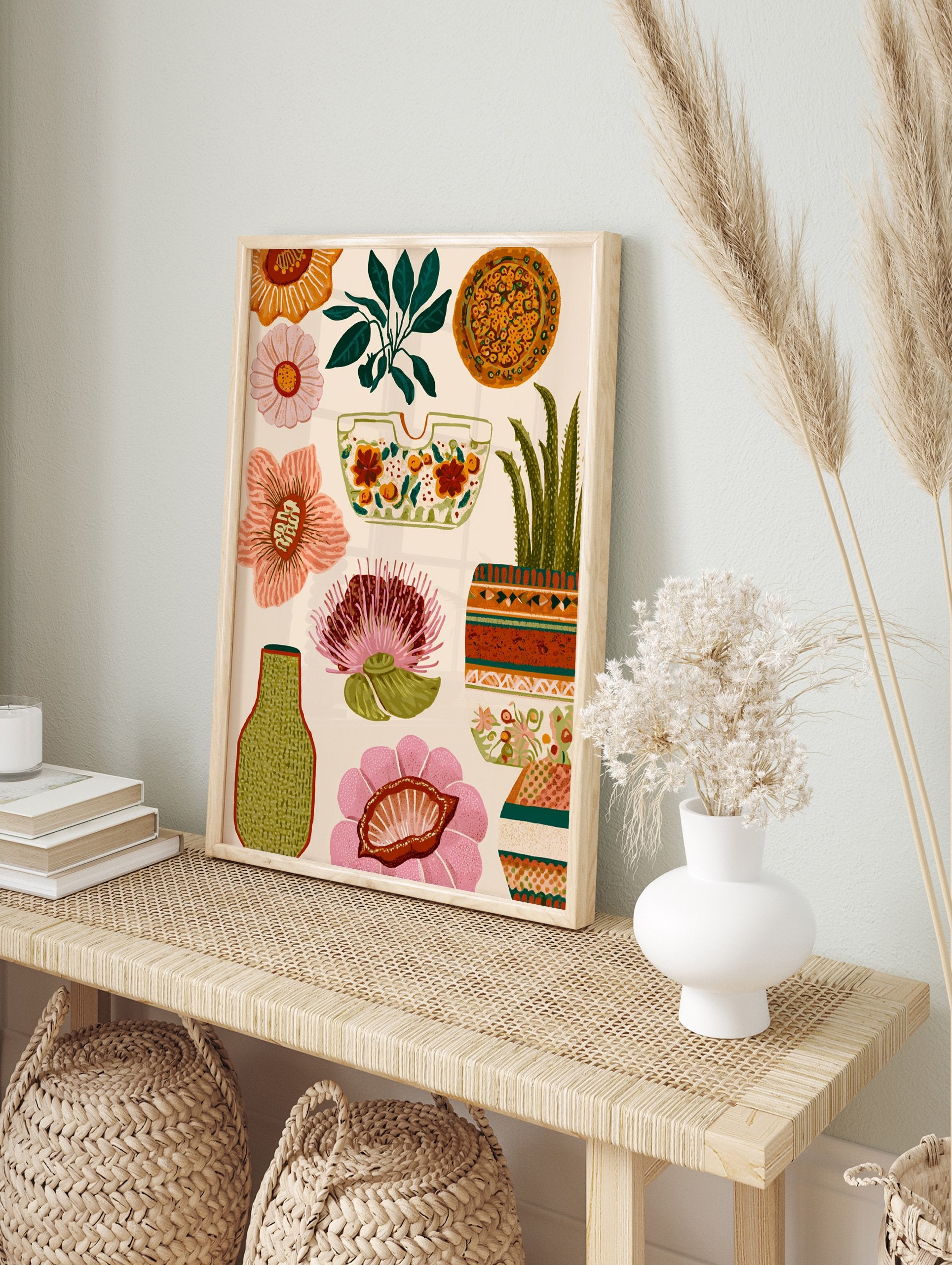 Vibrant botanical wall art illustration with various flowers, a potted succulent, and decorative elements on a light background. - Image 3