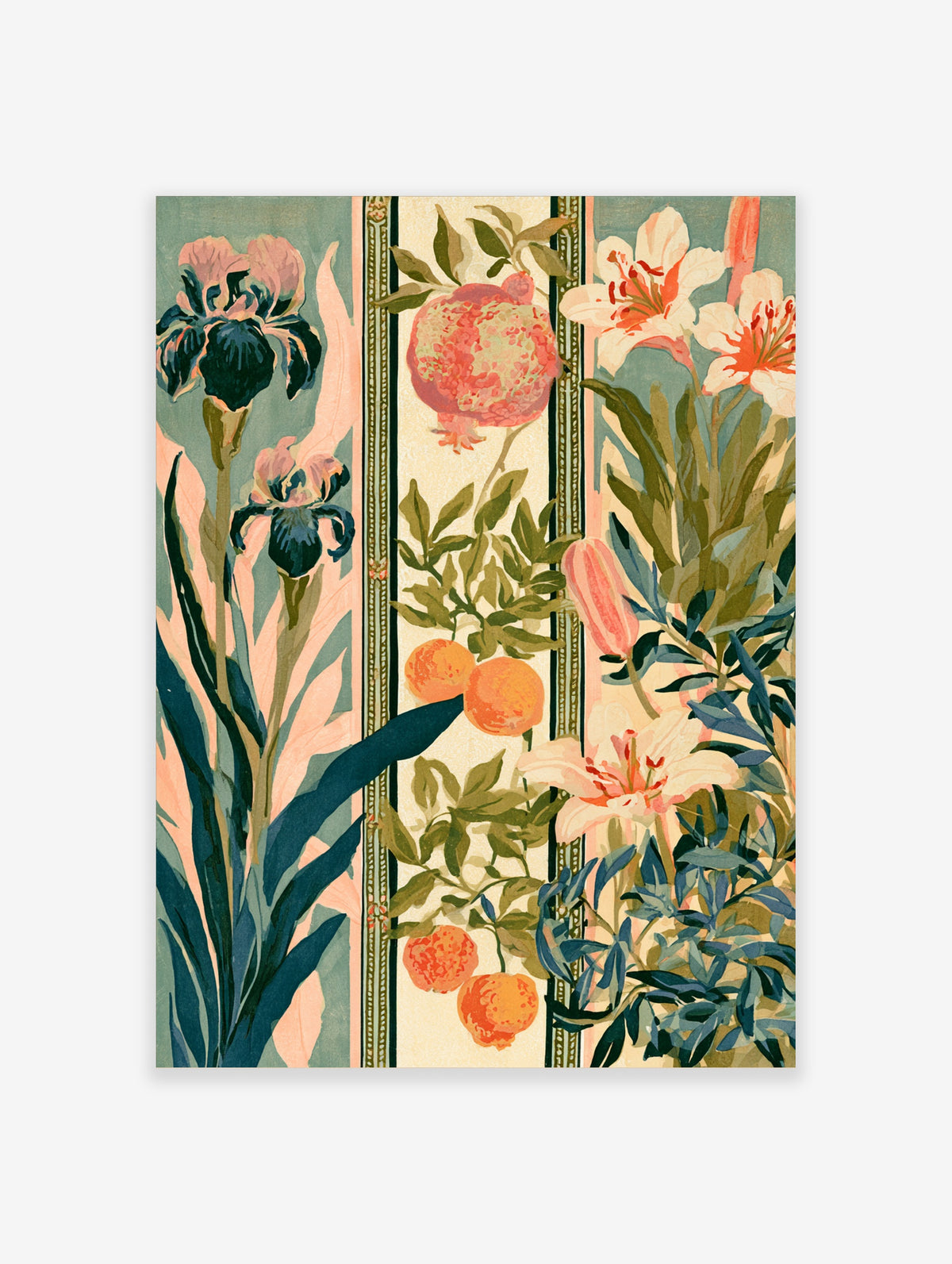 Vintage botanical art print with irises, pomegranate, oranges, and lilies in decorative panels