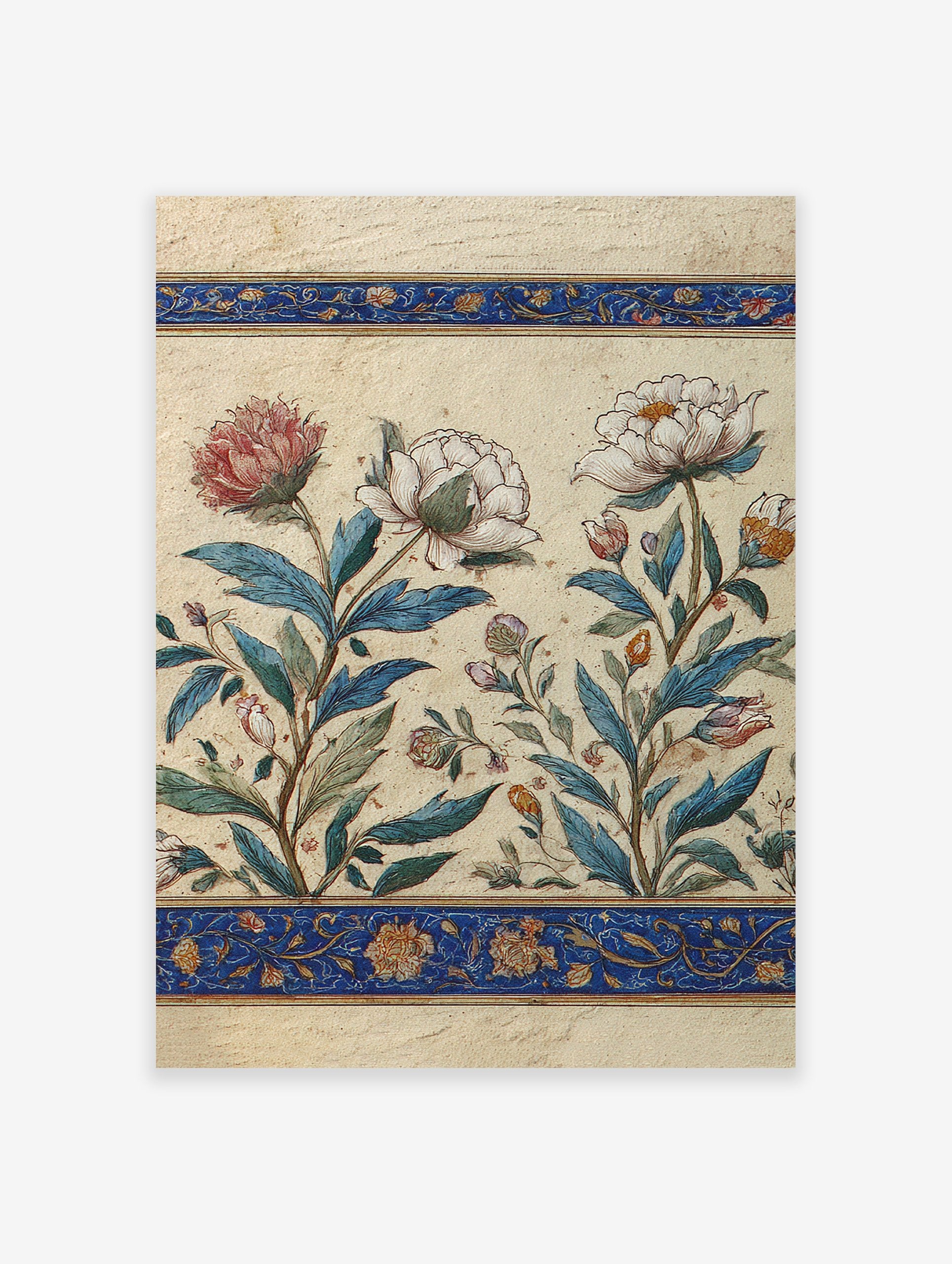 Vintage botanical wall art print with white and pink peony flowers, blue leaves, and ornate blue and gold decorative borders.