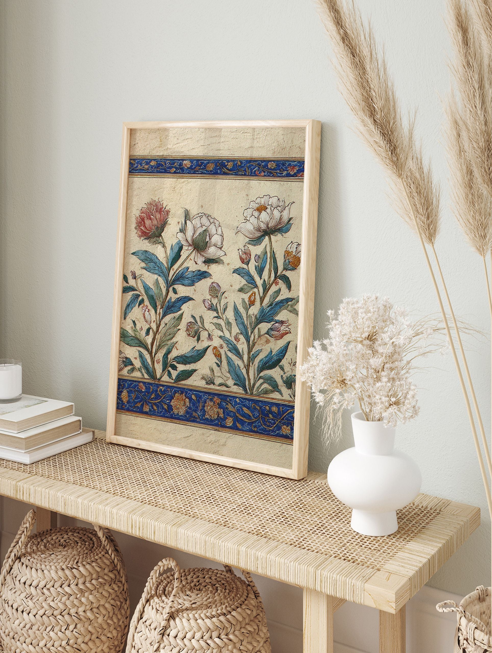 Vintage botanical wall art print with white and pink peony flowers, blue leaves, and ornate blue and gold decorative borders. - Image 3