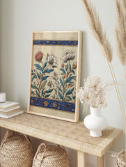 Vintage botanical wall art print with white and pink peony flowers, blue leaves, and ornate blue and gold decorative borders. - Image 3