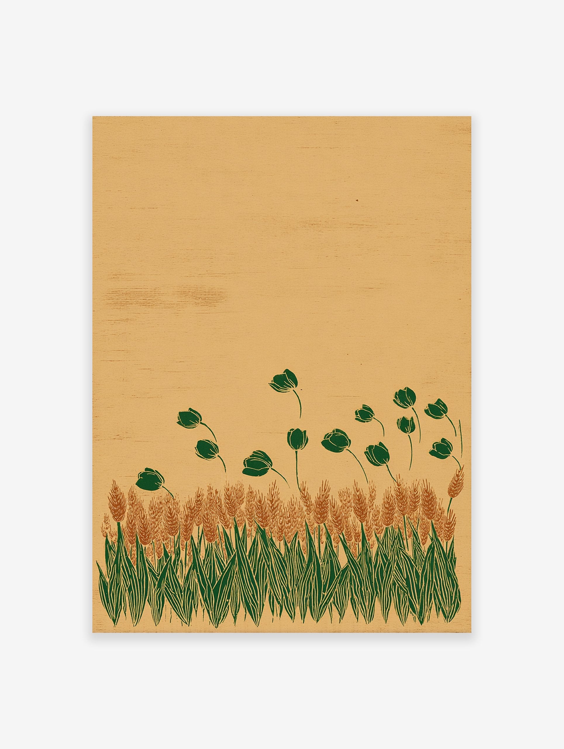 Botanical Wall Art print depicting a rustic wheat field with dark green stylized flowers against a light brown background.