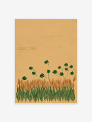 Botanical Wall Art print depicting a rustic wheat field with dark green stylized flowers against a light brown background.