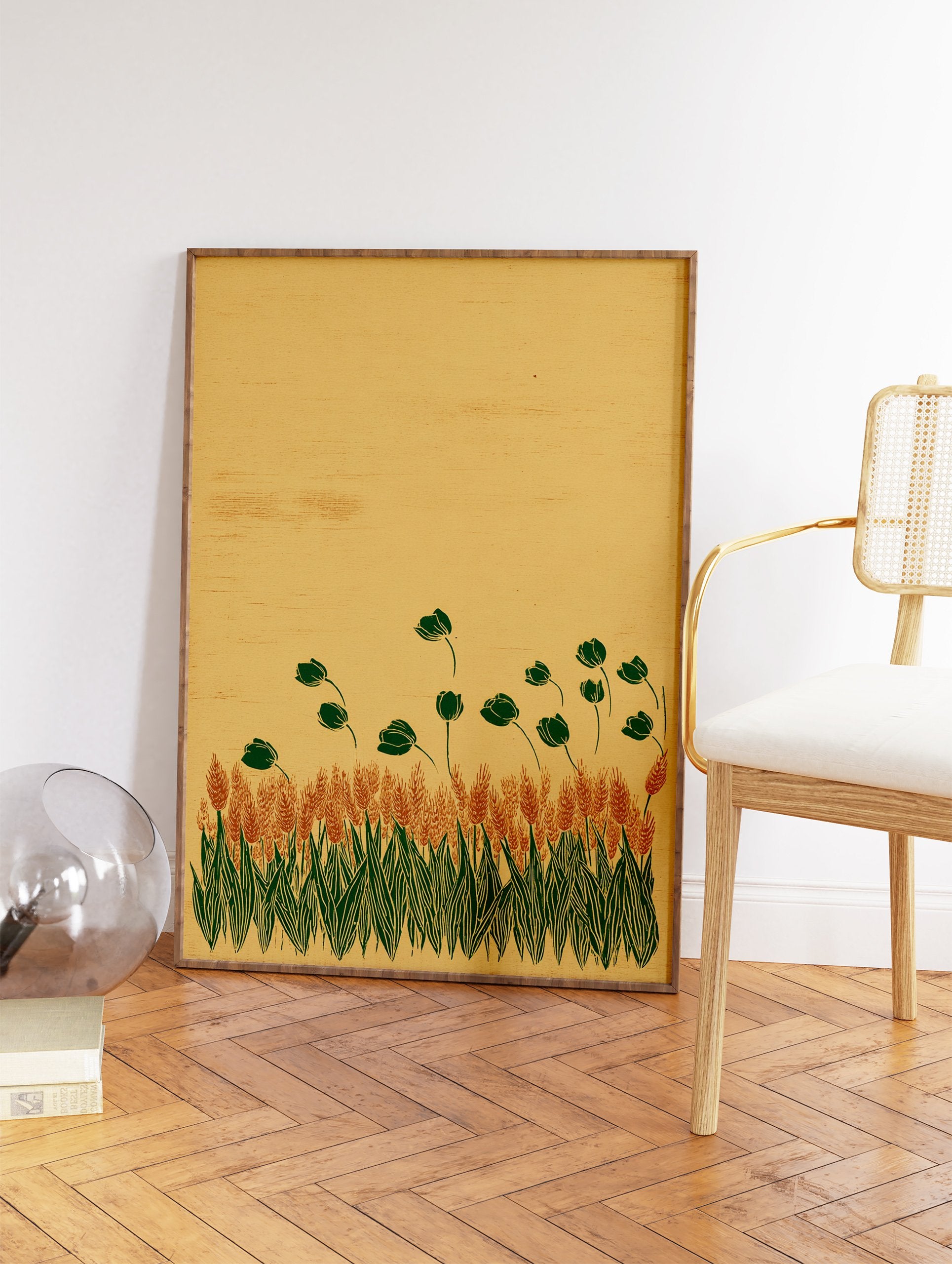 Botanical Wall Art print depicting a rustic wheat field with dark green stylized flowers against a light brown background. - Image 2
