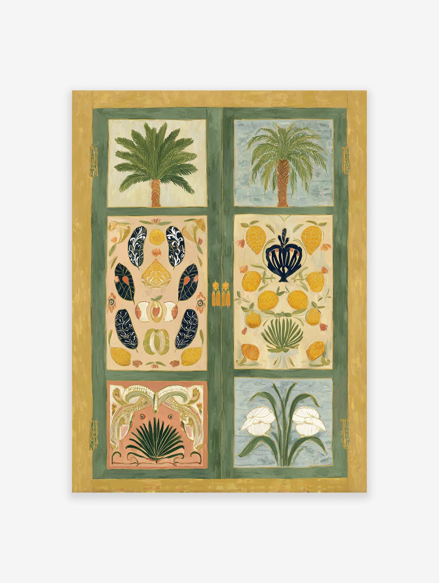 Multi-panel botanical wall art painting featuring palm trees, lemons, peaches, leaves, and white flowers in a green and yellow frame.