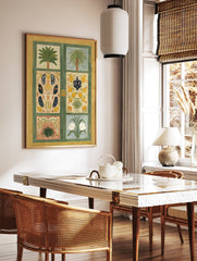 Multi-panel botanical wall art painting featuring palm trees, lemons, peaches, leaves, and white flowers in a green and yellow frame. - Image 2