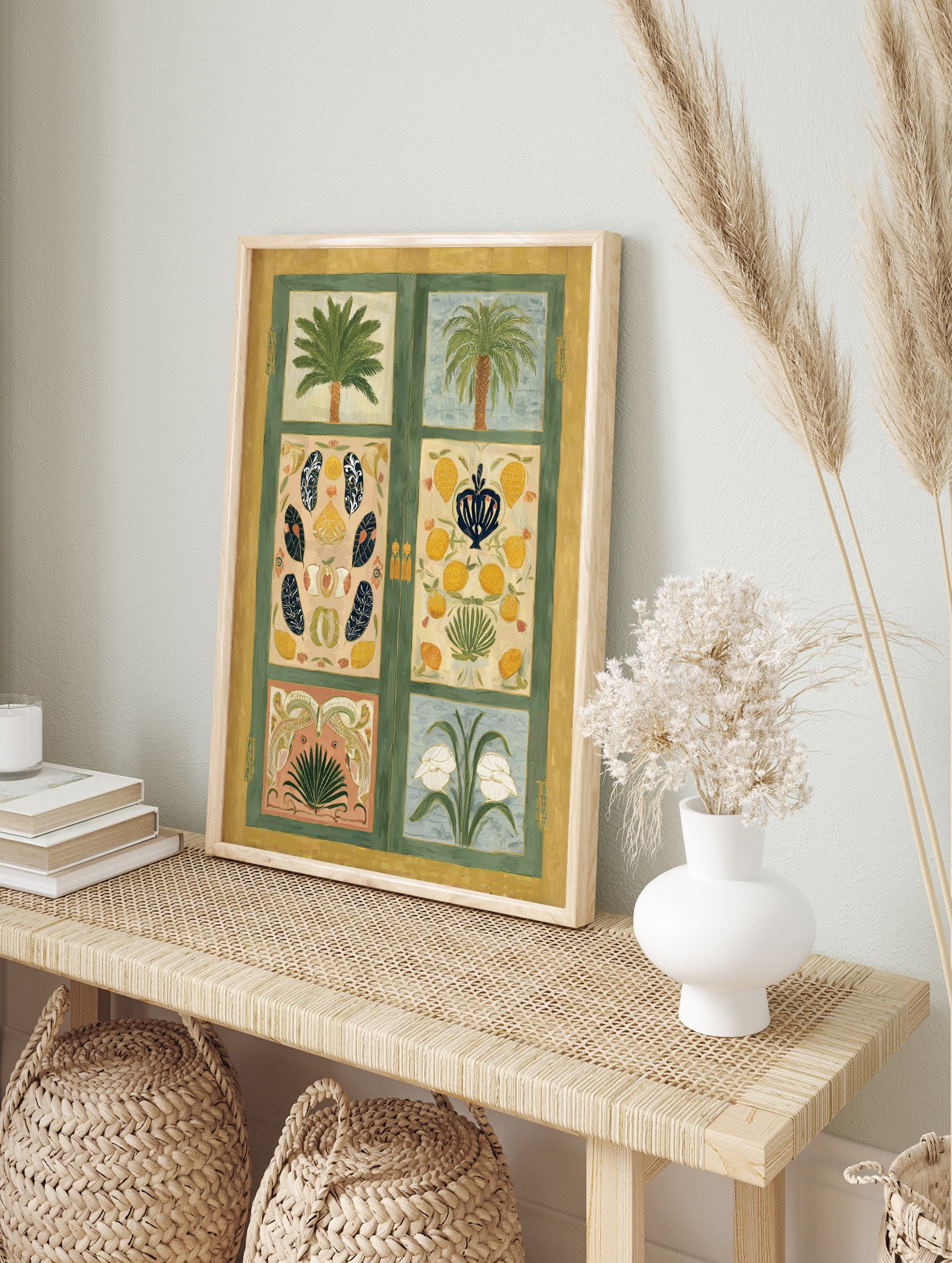 Multi-panel botanical wall art painting featuring palm trees, lemons, peaches, leaves, and white flowers in a green and yellow frame. - Image 3
