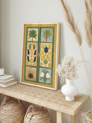 Multi-panel botanical wall art painting featuring palm trees, lemons, peaches, leaves, and white flowers in a green and yellow frame. - Image 3