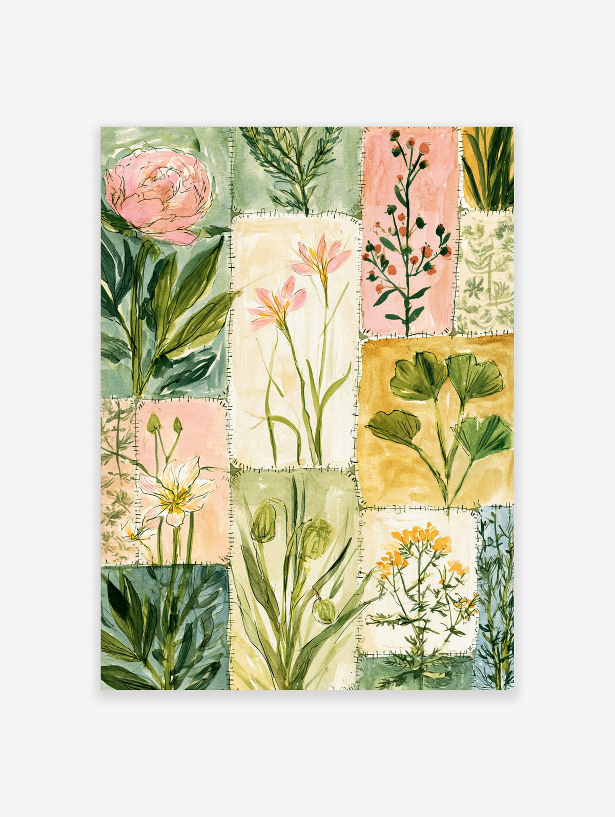 Botanical watercolour poster with stitched patchwork panels of pink rose, ginkgo leaves and wildflowers