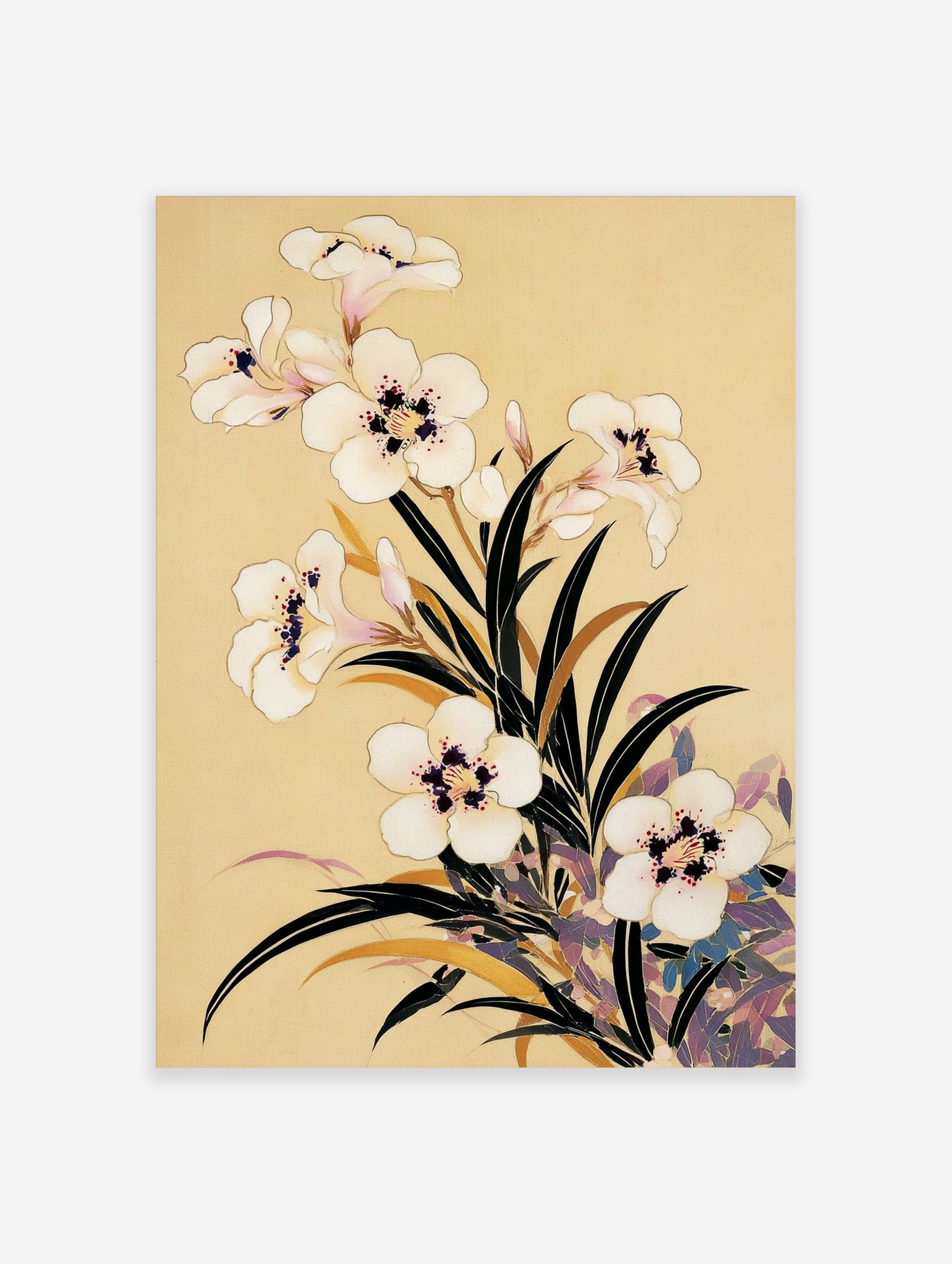 Botanical illustration of white flowers with dark centres and green leaves on a tan background