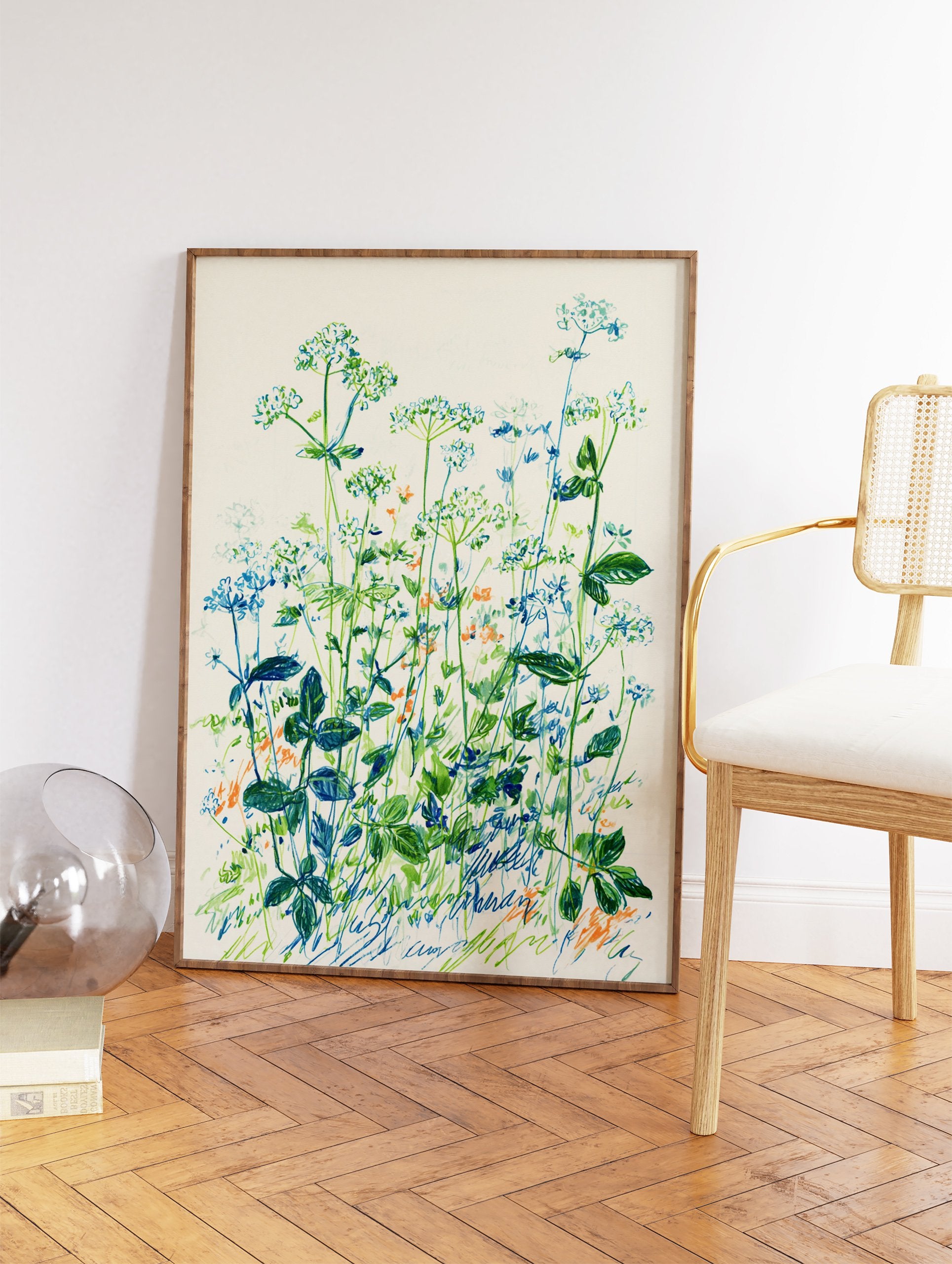 Green and blue wildflower botanical illustration art print with orange accents on a light background, showcasing a field of plants. - Image 2