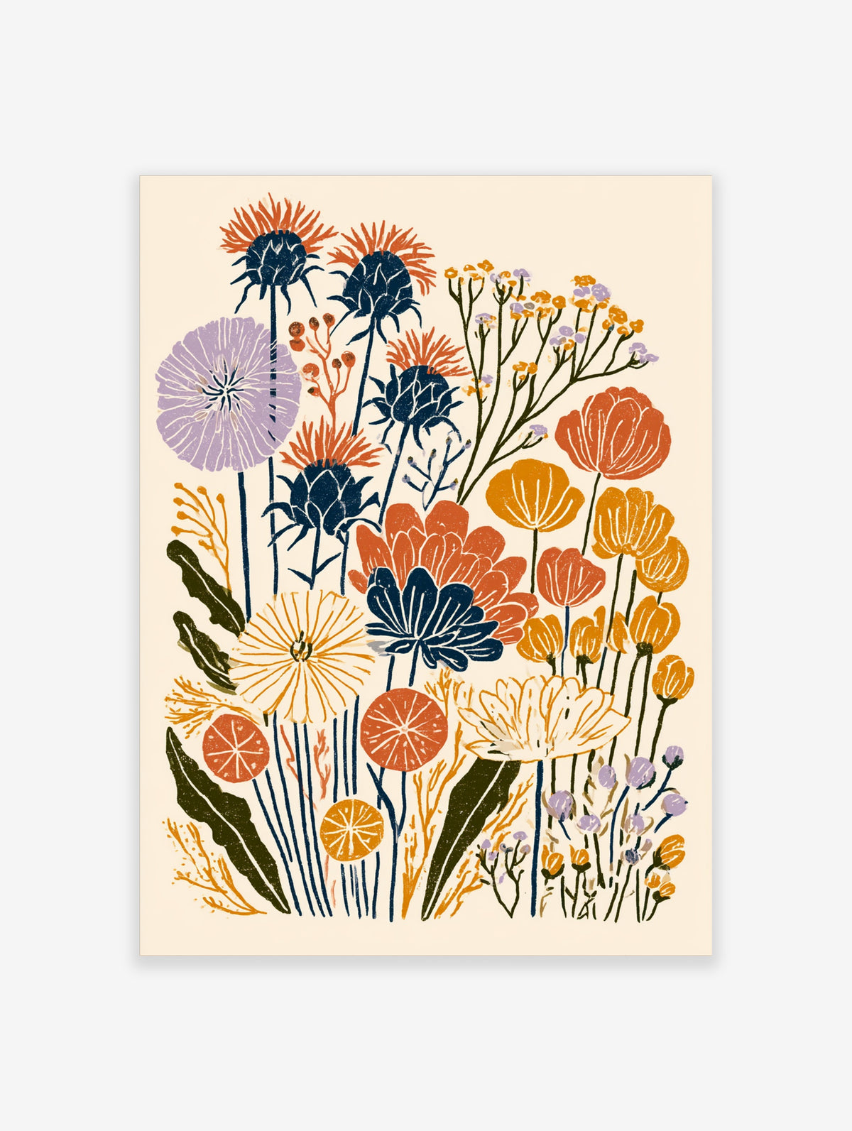 Colourful botanical wildflower art print with blue thistles, orange poppies and purple flowers on cream background