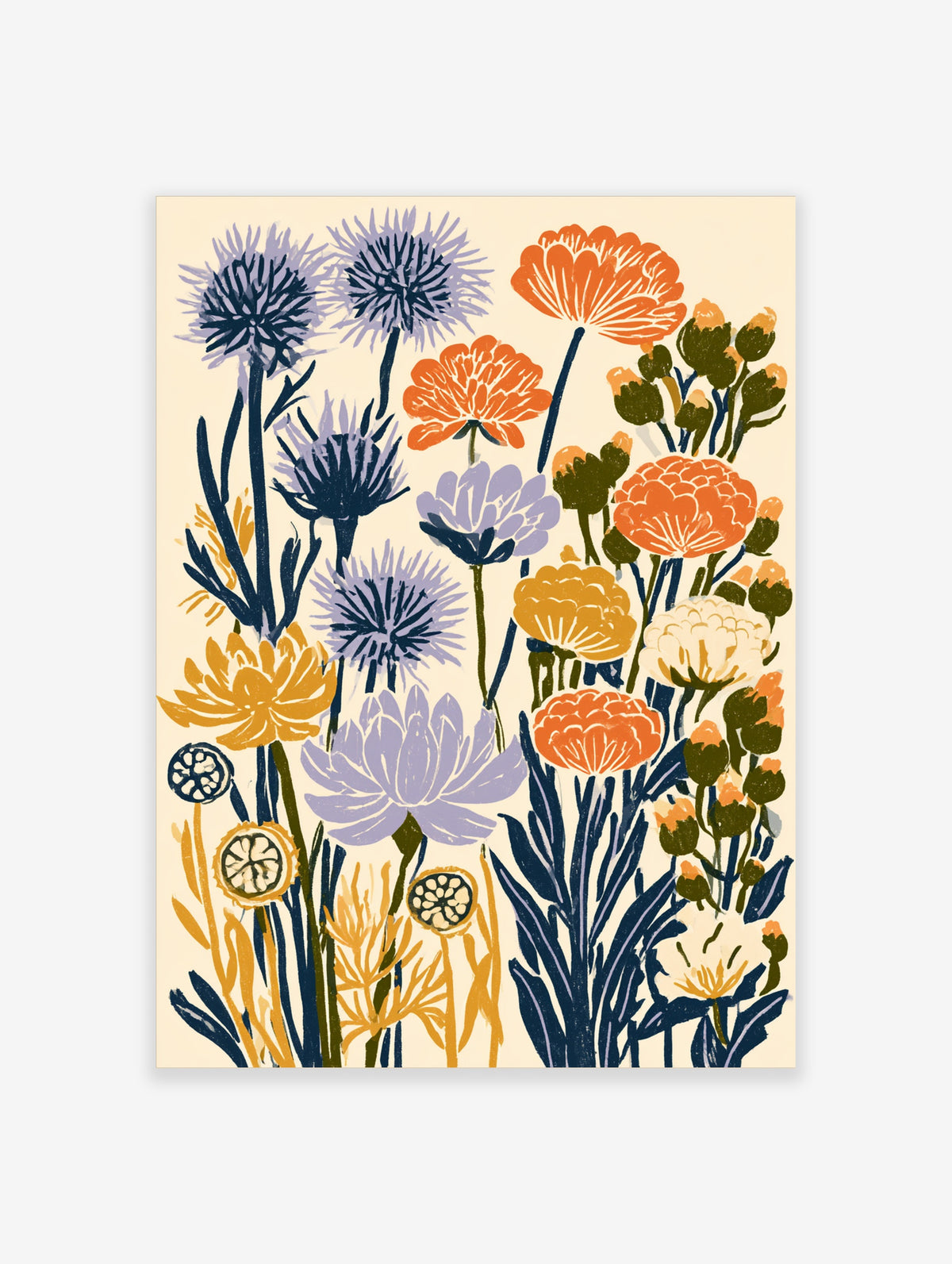 Botanical wildflower art print with purple and orange flowers on cream background