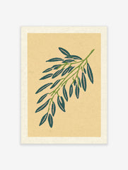 Botanical willow branch illustration with green leaves and pink accents on a tan paper background