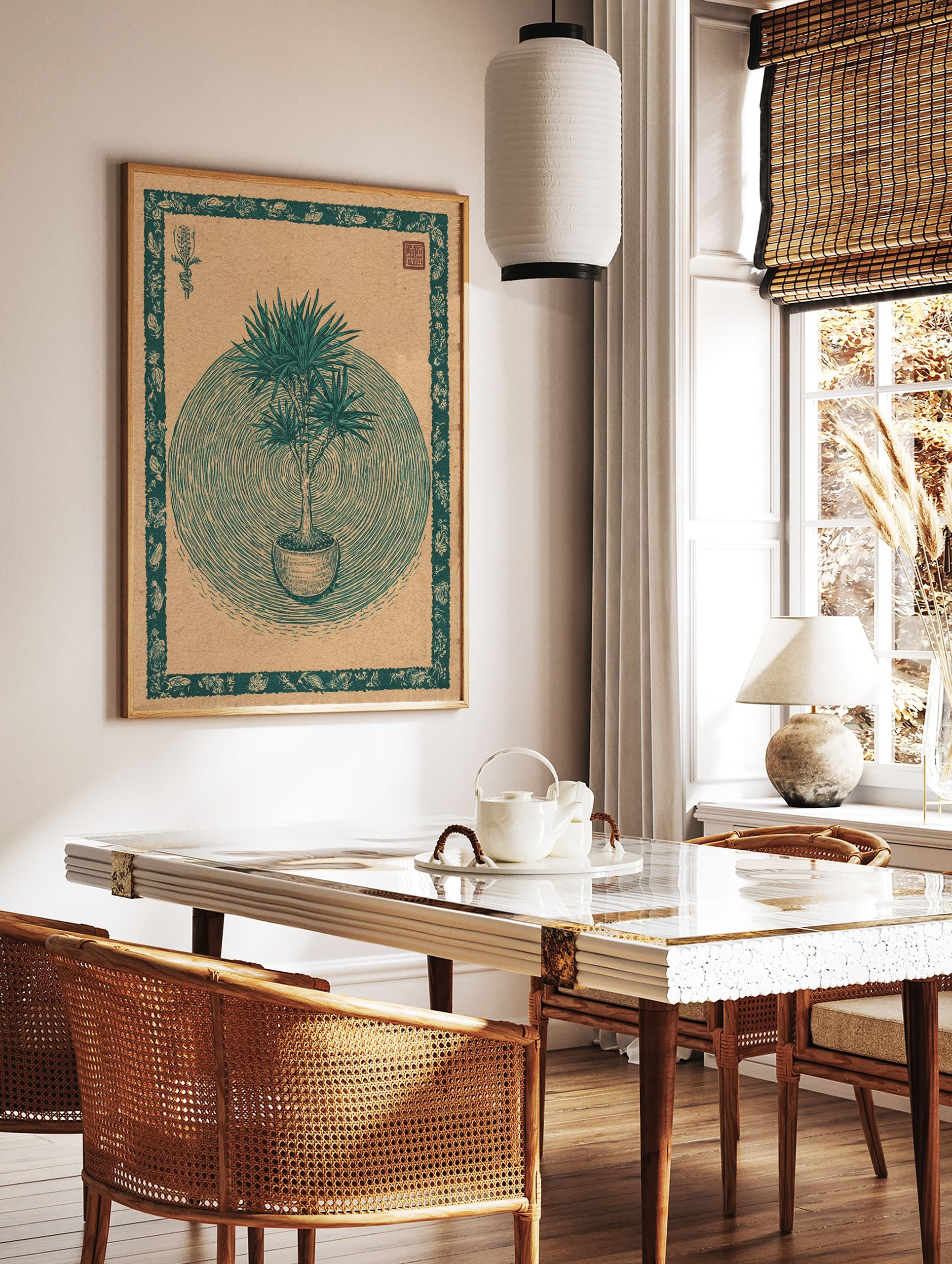 Botanical poster featuring a green yucca plant illustration in a pot on an earthy background with a decorative border. - Image 2