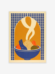 Illustrative print of a bowl of food with vegetables and rising steam against a blue grid and orange arch background