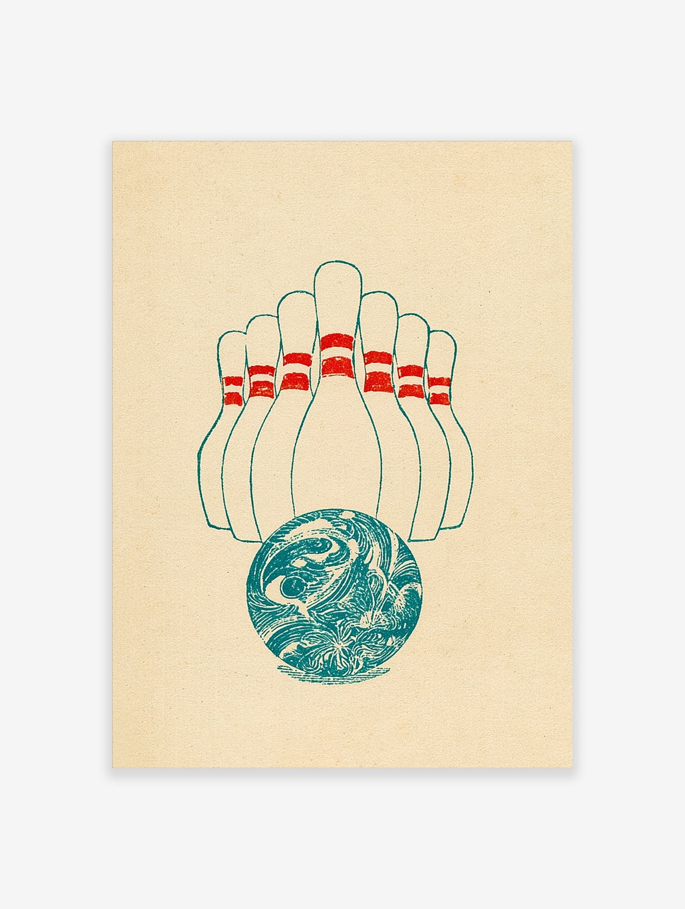 Retro bowling ball with teal swirls and ten red-striped pins line art on beige background