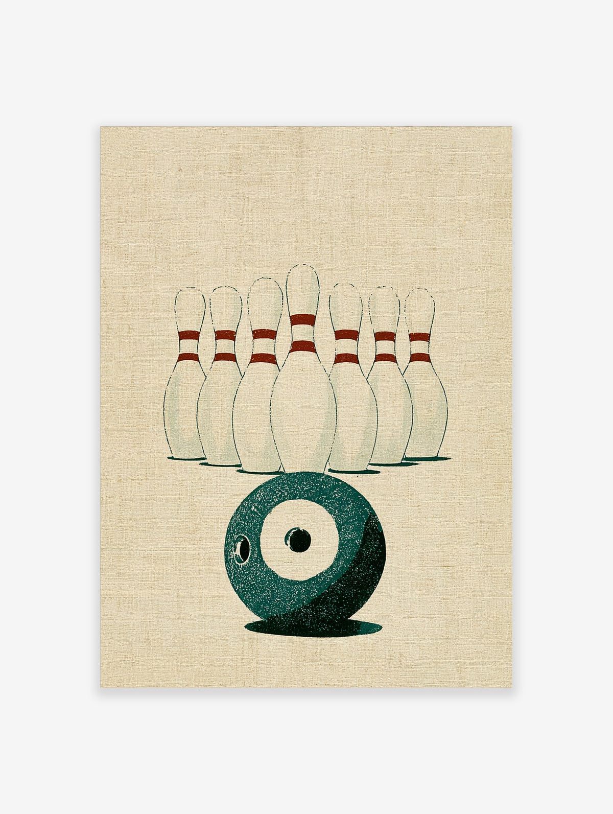 Retro bowling print with teal ball and white pins with red stripes on beige background