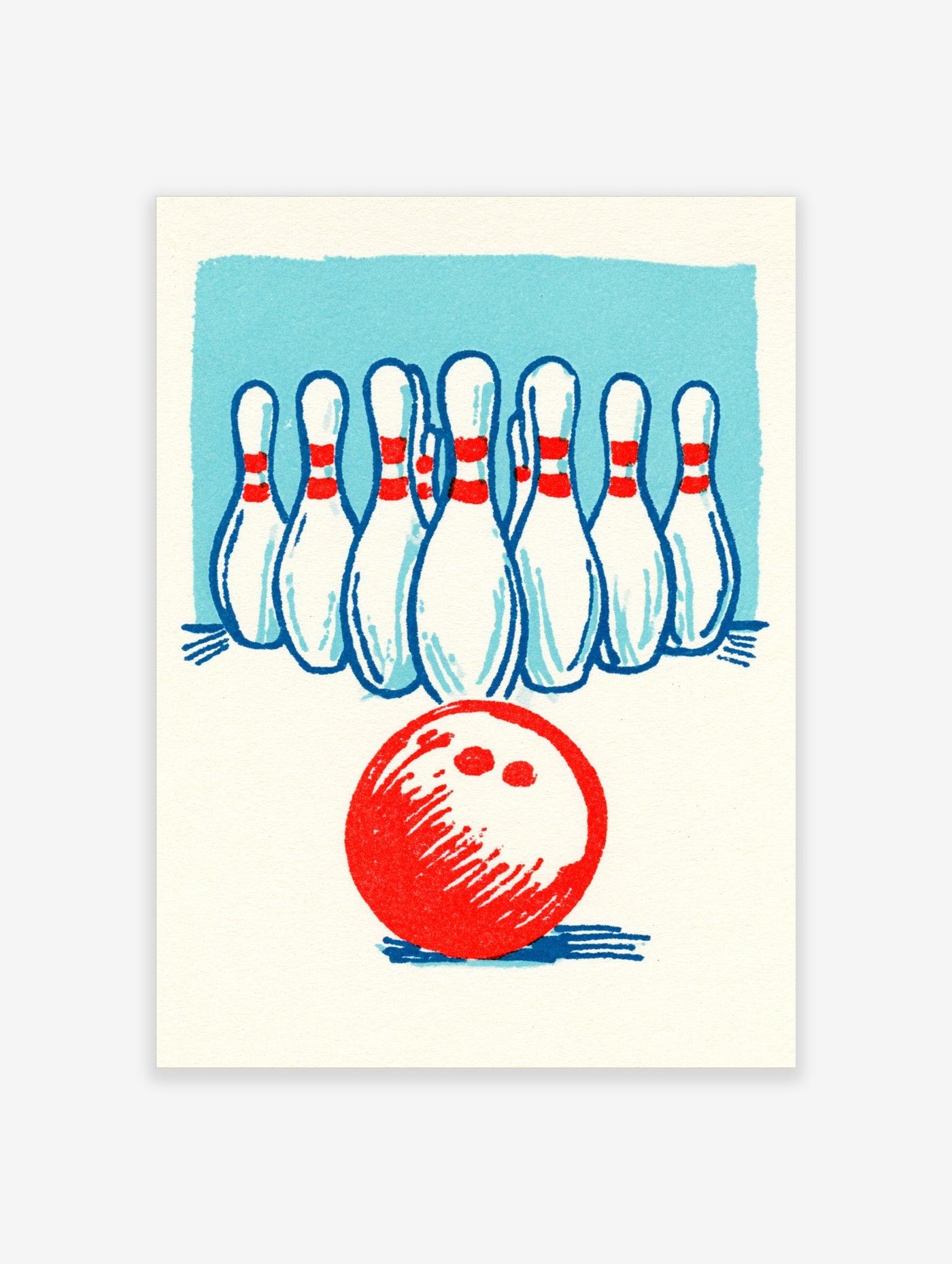 Retro bowling print with red ball and white pins with red stripes on light blue background