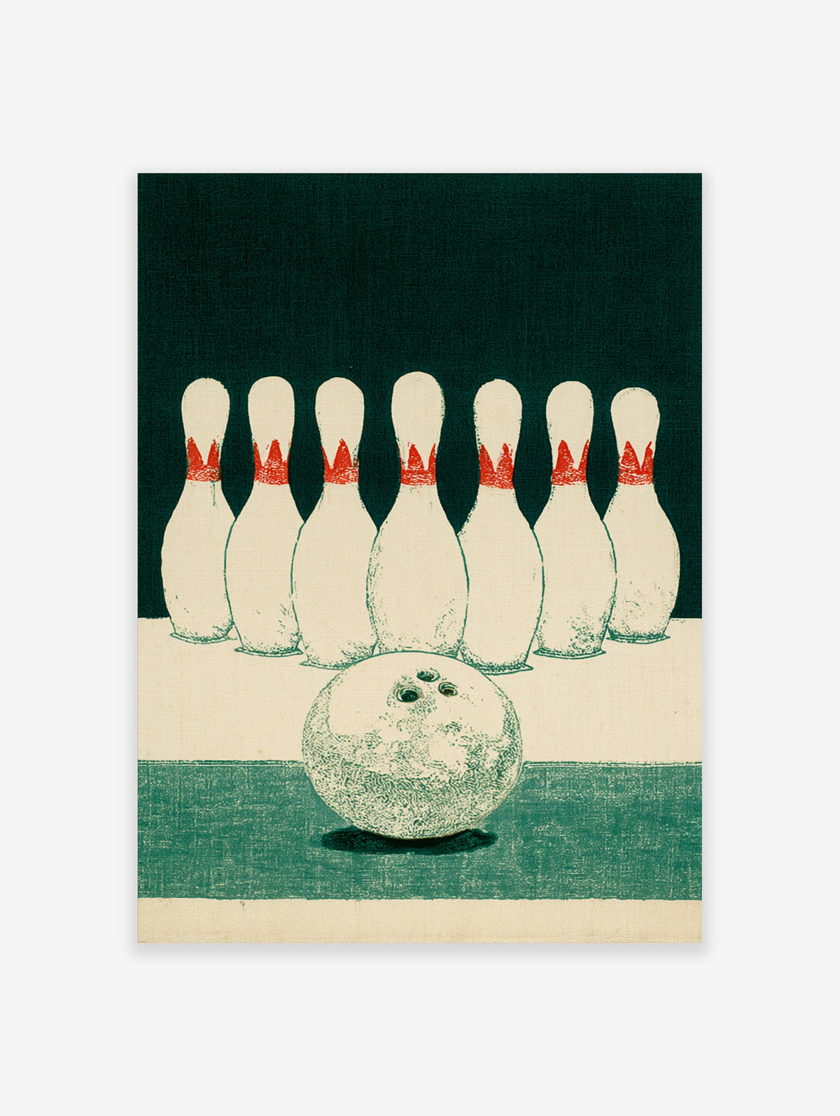 Retro bowling print with ten white pins and red stripes, textured ball, dark green background