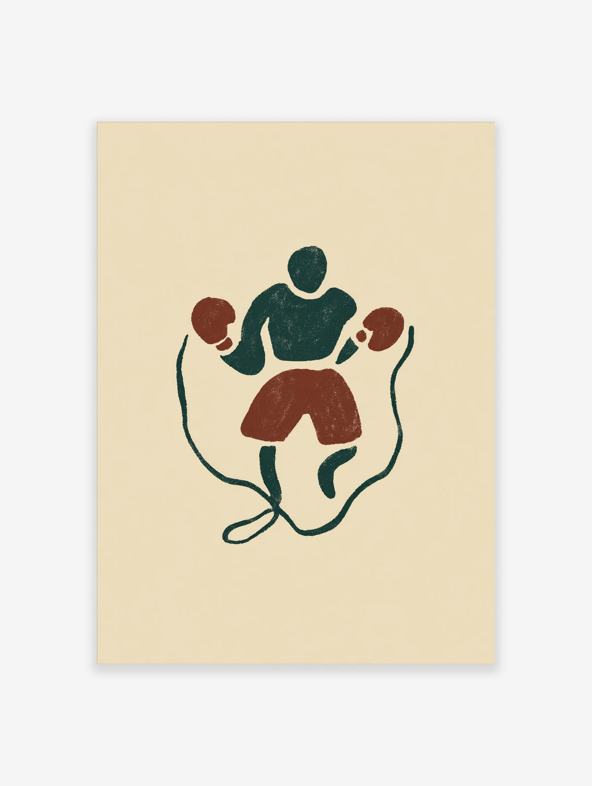 Minimalist boxer skipping rope poster in dark green and rust red on cream background