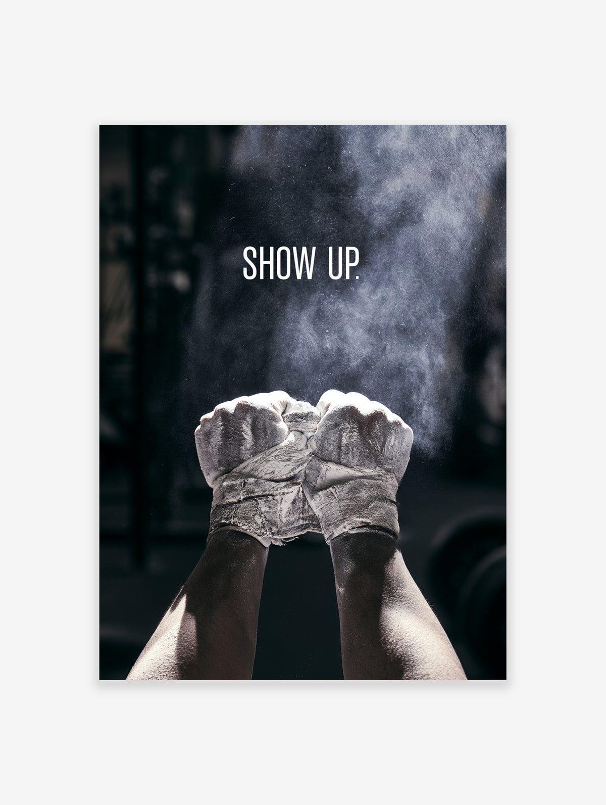 Boxing gloves wall art with chalk dust and SHOW UP text on dark background