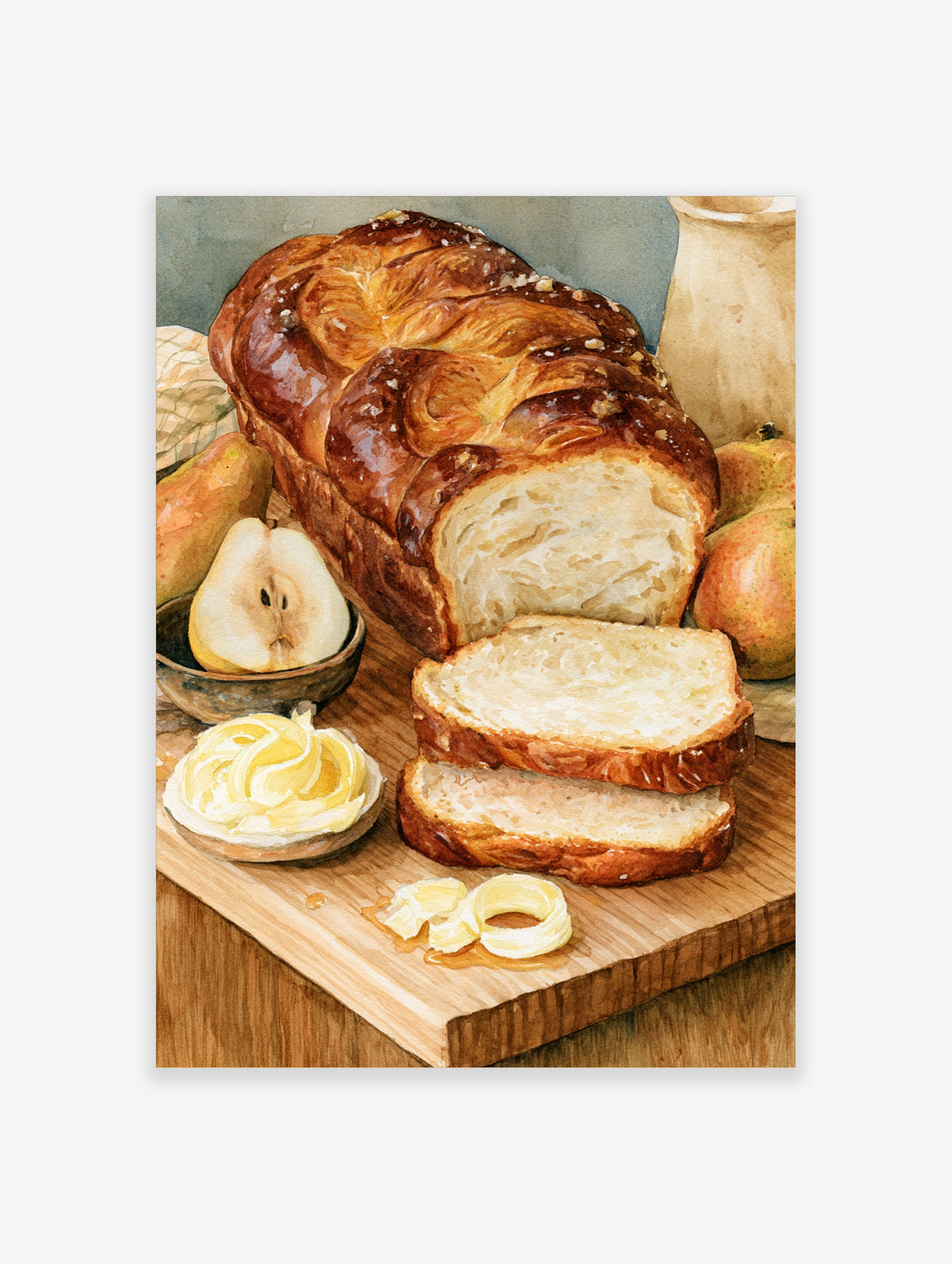 Watercolour illustration of a loaf of braided bread, sliced bread, pears, and butter on a wooden board