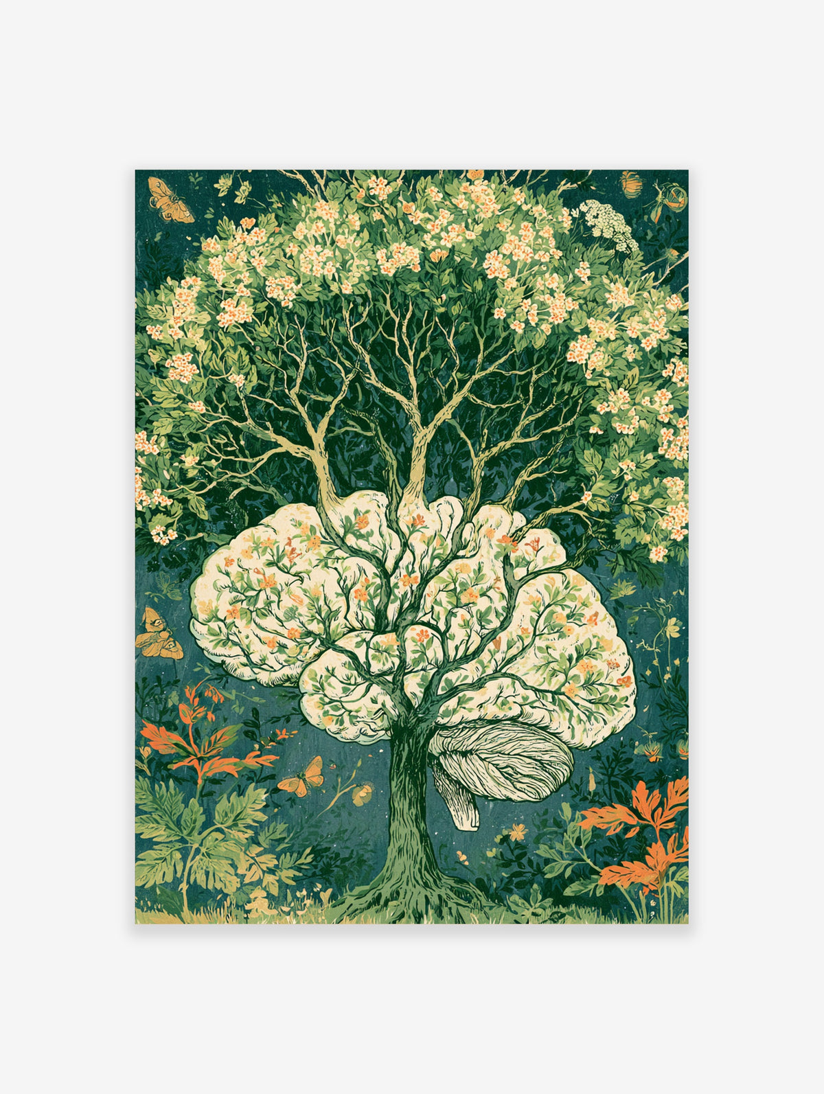 Surreal brain tree art print with green leaves, orange flowers, and butterflies on a dark teal background