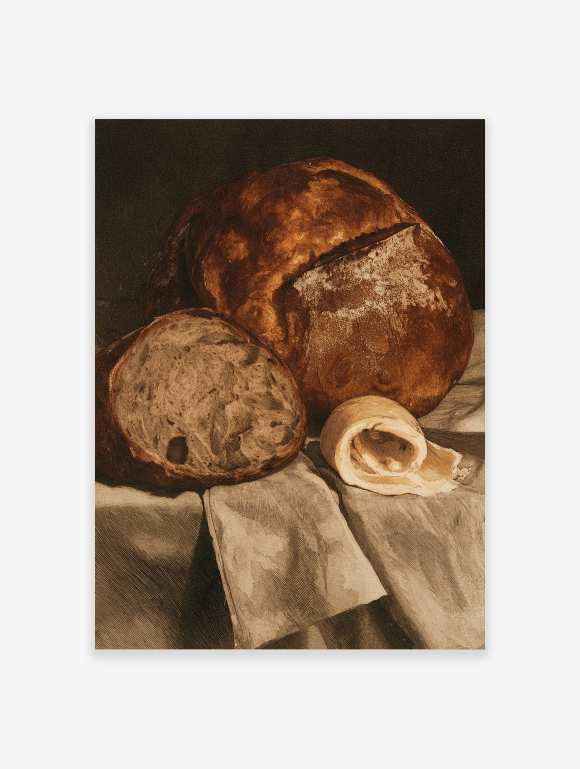 Still life wall art print of a crusty loaf of bread, a slice, and a curl of butter on draped fabric in sepia tones