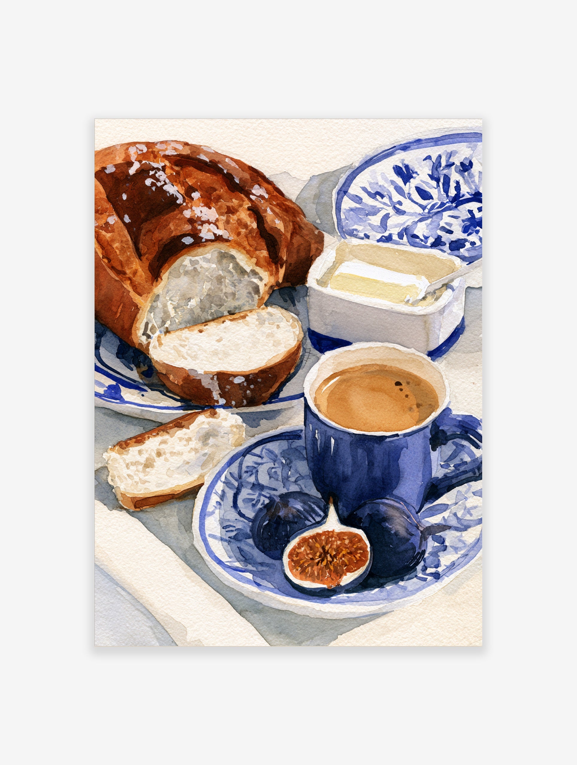 Watercolour illustration of a breakfast scene with bread, figs, and coffee on a blue and white patterned plate