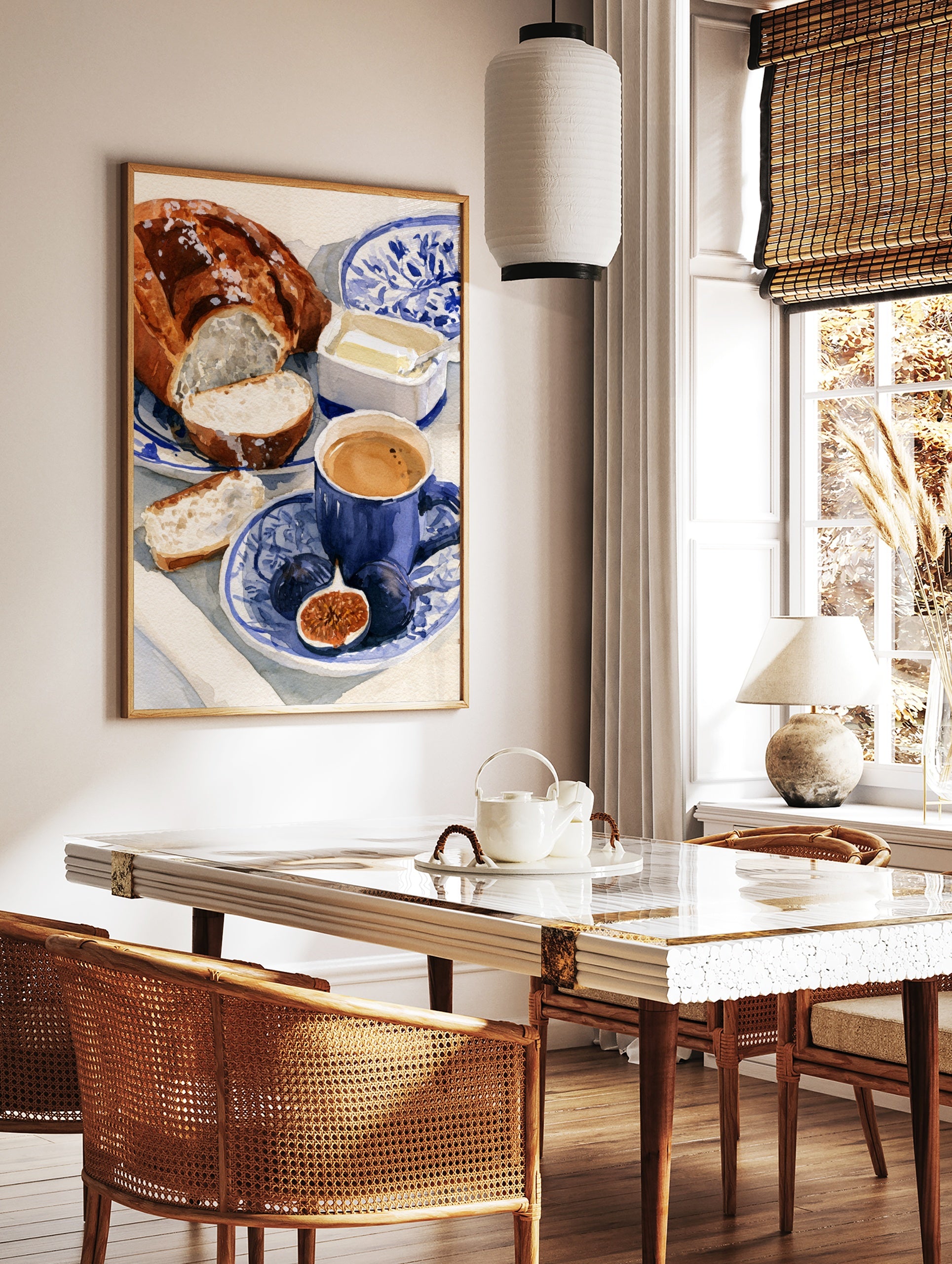 Watercolour illustration of a breakfast scene with bread, figs, and coffee on a blue and white, in a styled room mockup