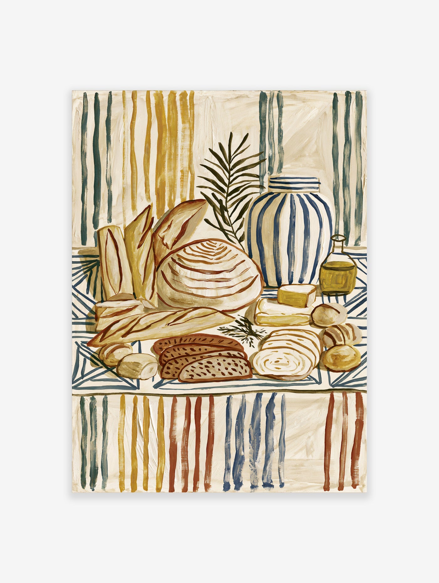 Still life wall art with bread, baguette, olive oil, striped vase, and blue patterned cloth