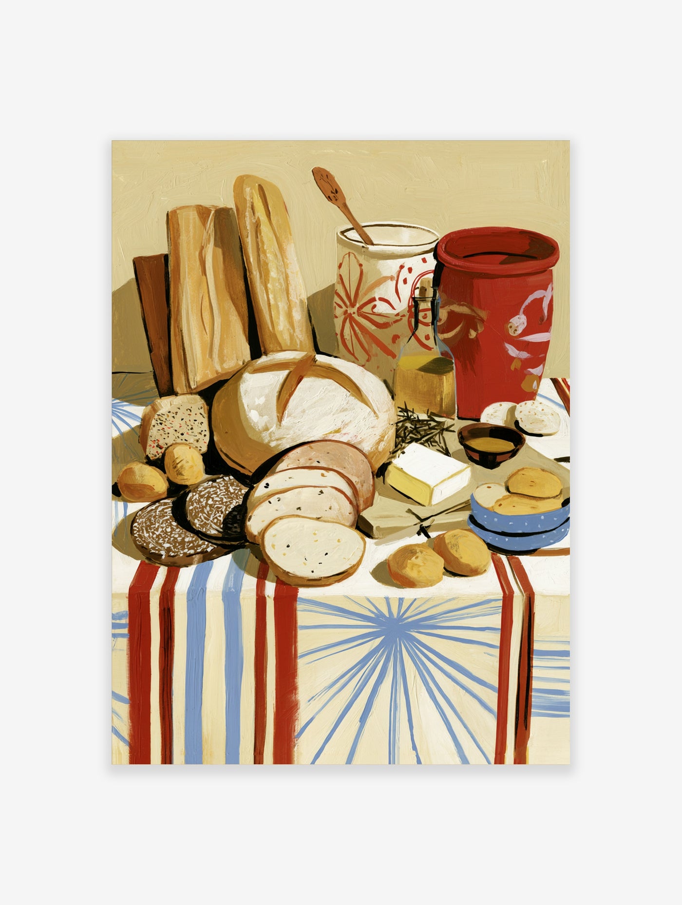 Still life of bread and pastries on red and blue striped tablecloth, with jar and oil bottle, painterly style