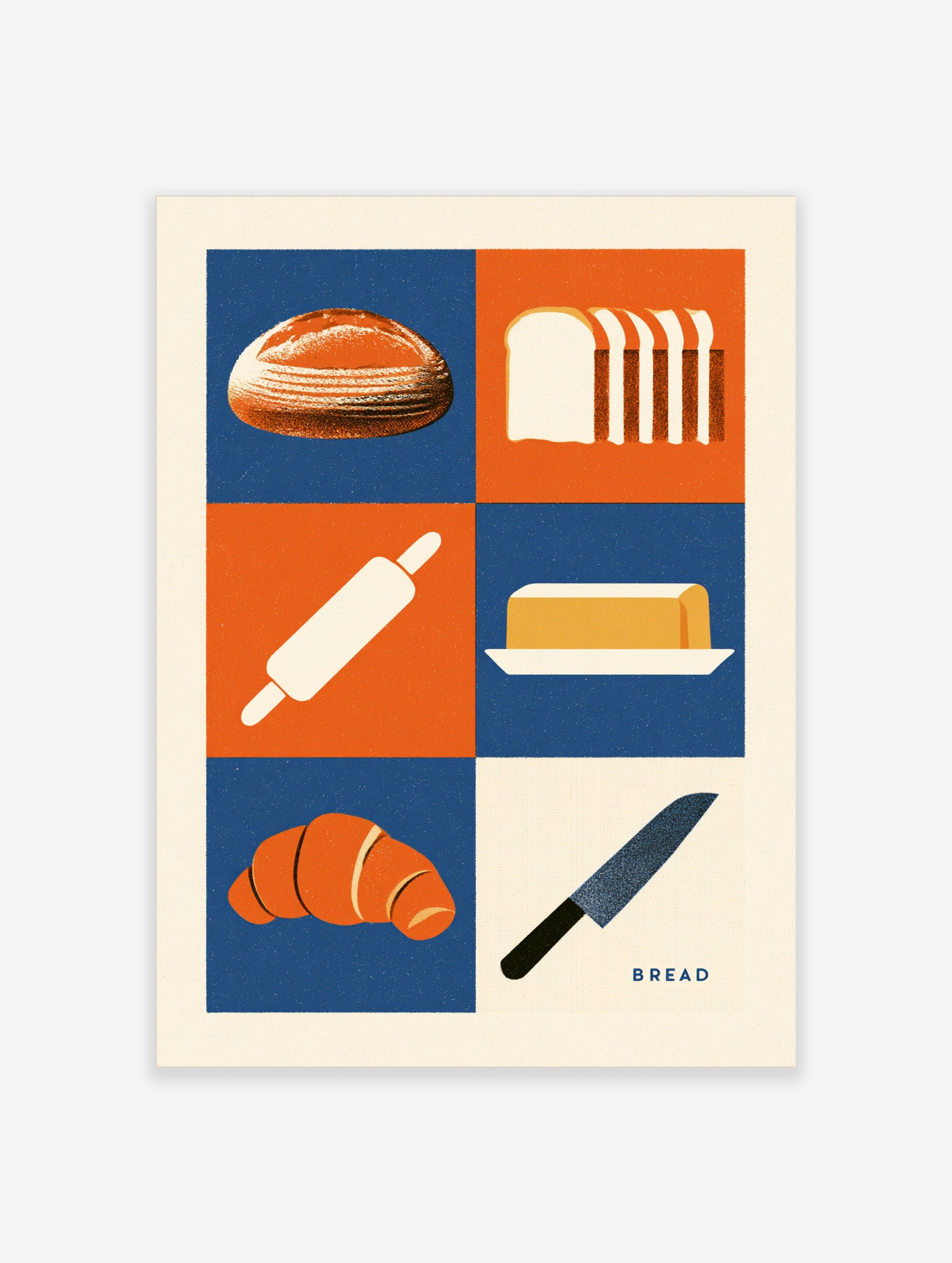 Bakery themed wall art print with bread, croissant, butter, and kitchen tools in a blue and orange grid design