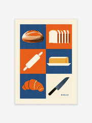 Bakery themed wall art print with bread, croissant, butter, and kitchen tools in a blue and orange grid design