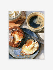 Close-up illustration of two coffee mugs and a buttered bread roll on a blue plate, breakfast art print