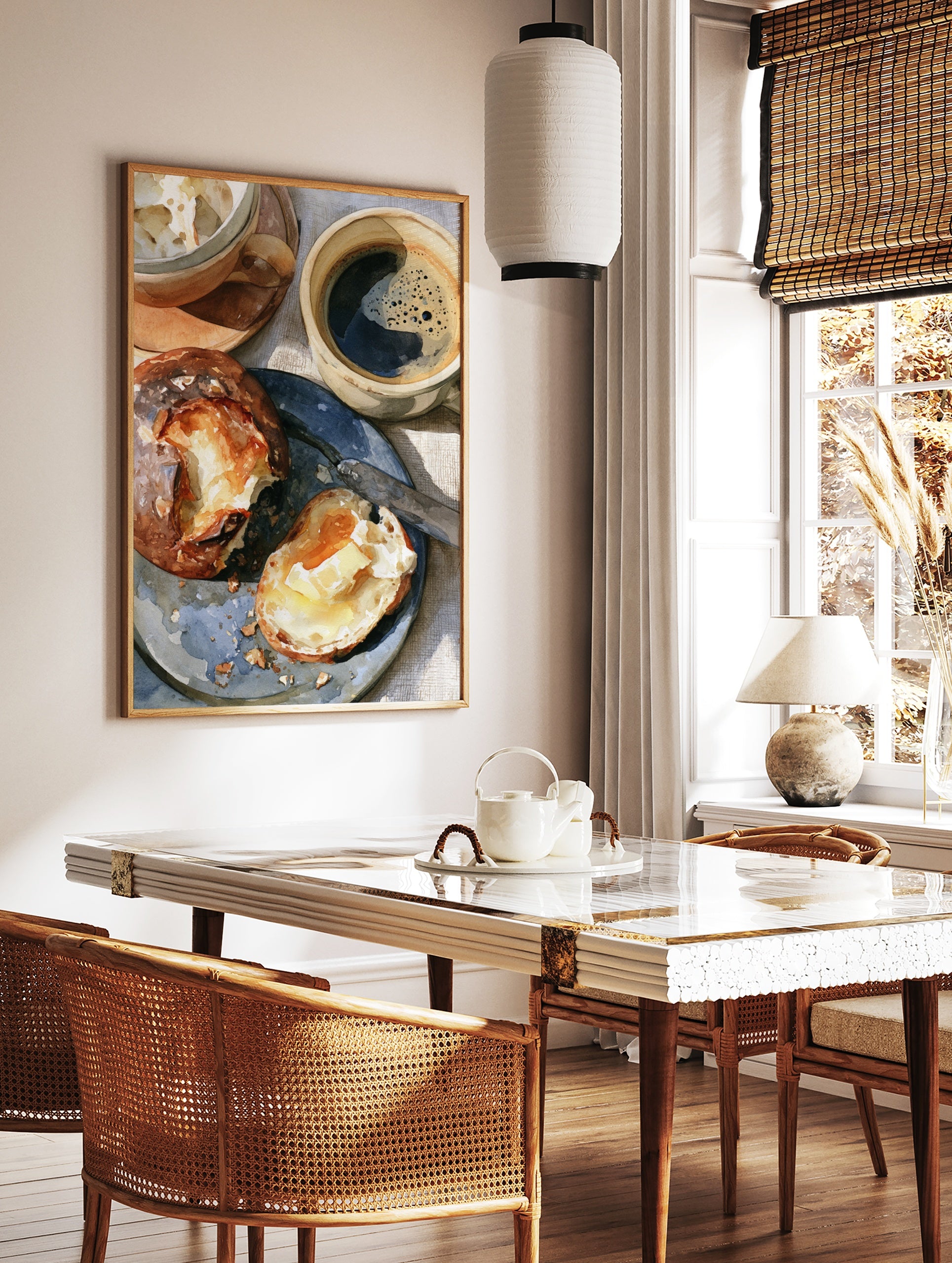 Close-up illustration of two coffee mugs and a buttered bread roll on a blue plate, breakfast art, in a styled room mockup