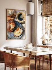 Close-up illustration of two coffee mugs and a buttered bread roll on a blue plate, breakfast art, in a styled room mockup