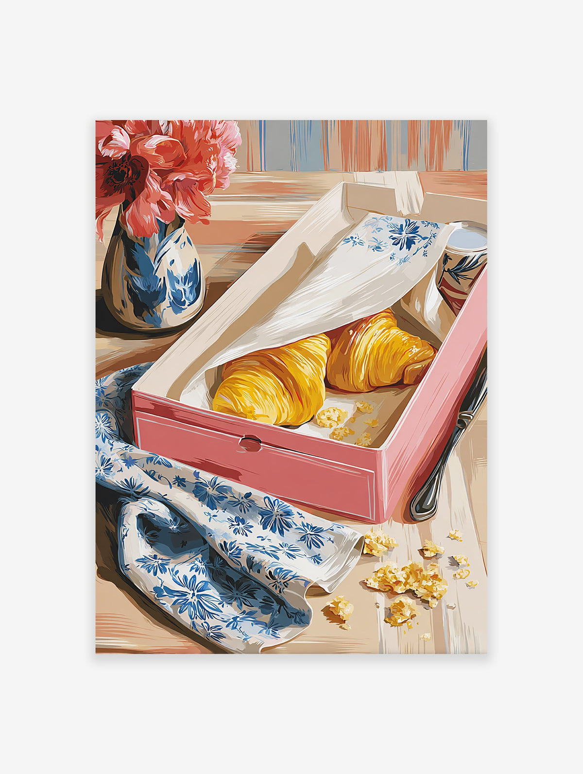 Breakfast Croissant Poster featuring two golden croissants in a pink box, a blue floral napkin, and red flowers in a vase.