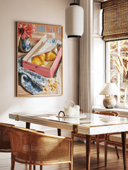 Breakfast Croissant Poster featuring two golden croissants in a pink box, a blue floral napkin, and red flowers in a vase. - Image 2