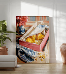 Breakfast Croissant Poster featuring two golden croissants in a pink box, a blue floral napkin, and red flowers in a vase. - Image 3