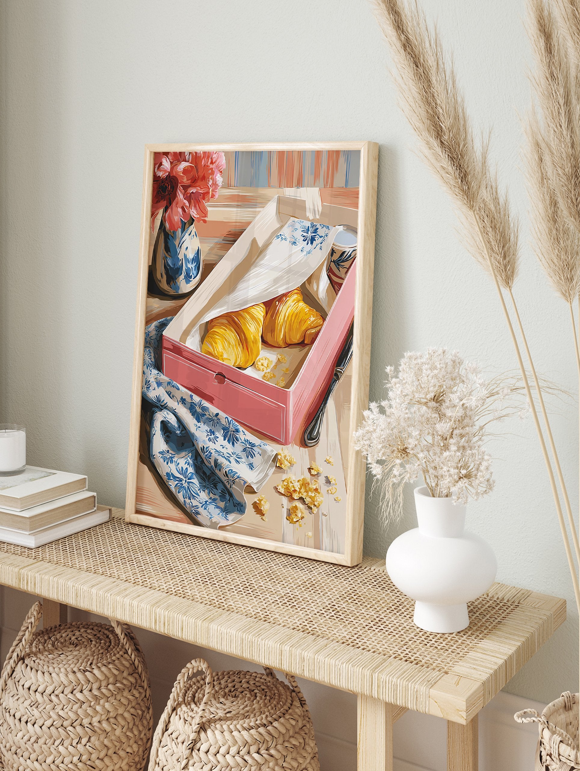 Breakfast Croissant Poster featuring two golden croissants in a pink box, a blue floral napkin, and red flowers in a vase. - Image 4