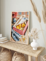 Breakfast Croissant Poster featuring two golden croissants in a pink box, a blue floral napkin, and red flowers in a vase. - Image 4