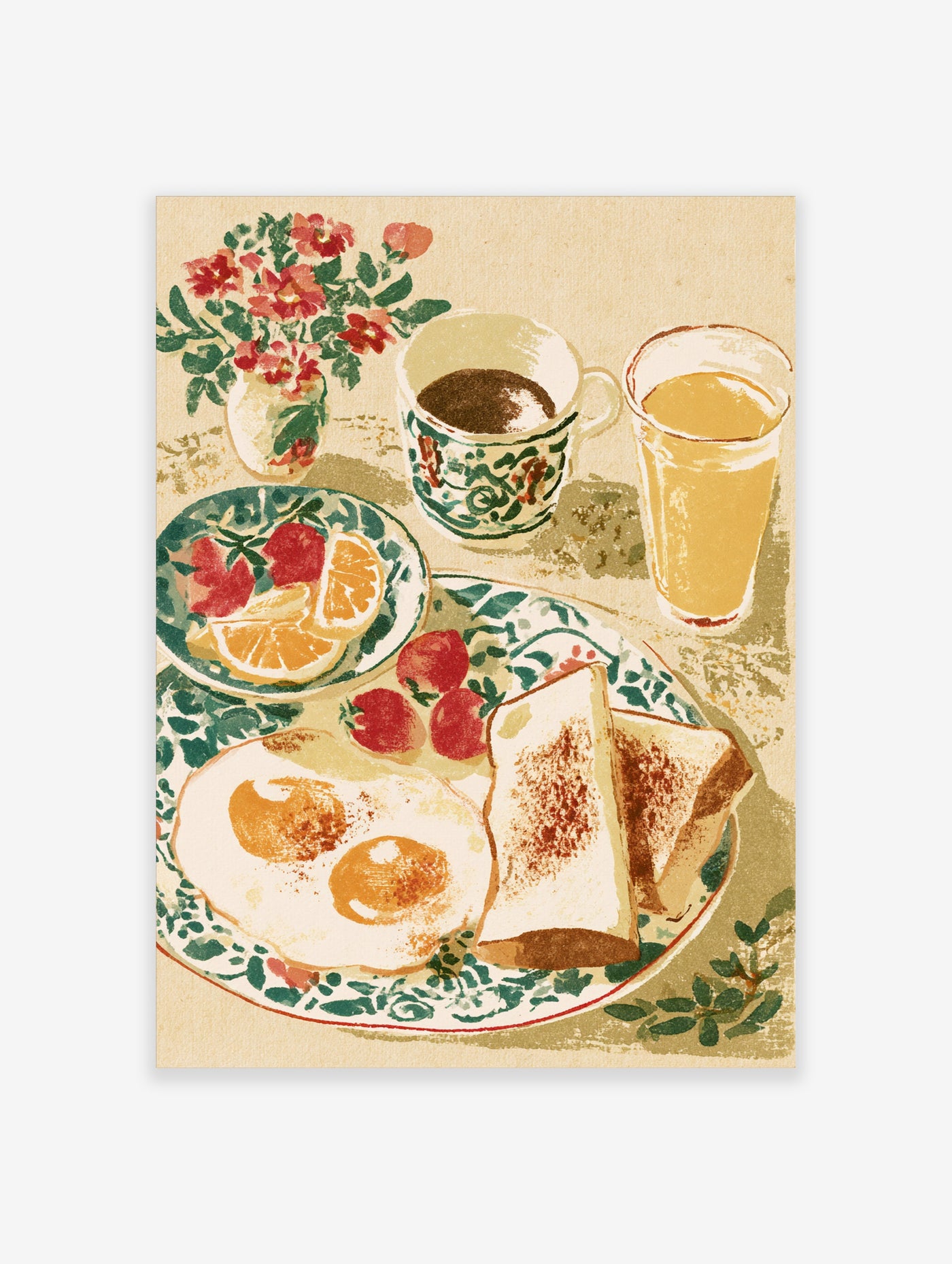 Illustrative breakfast print featuring fried eggs, toast, fruit, and coffee in a vintage painterly style