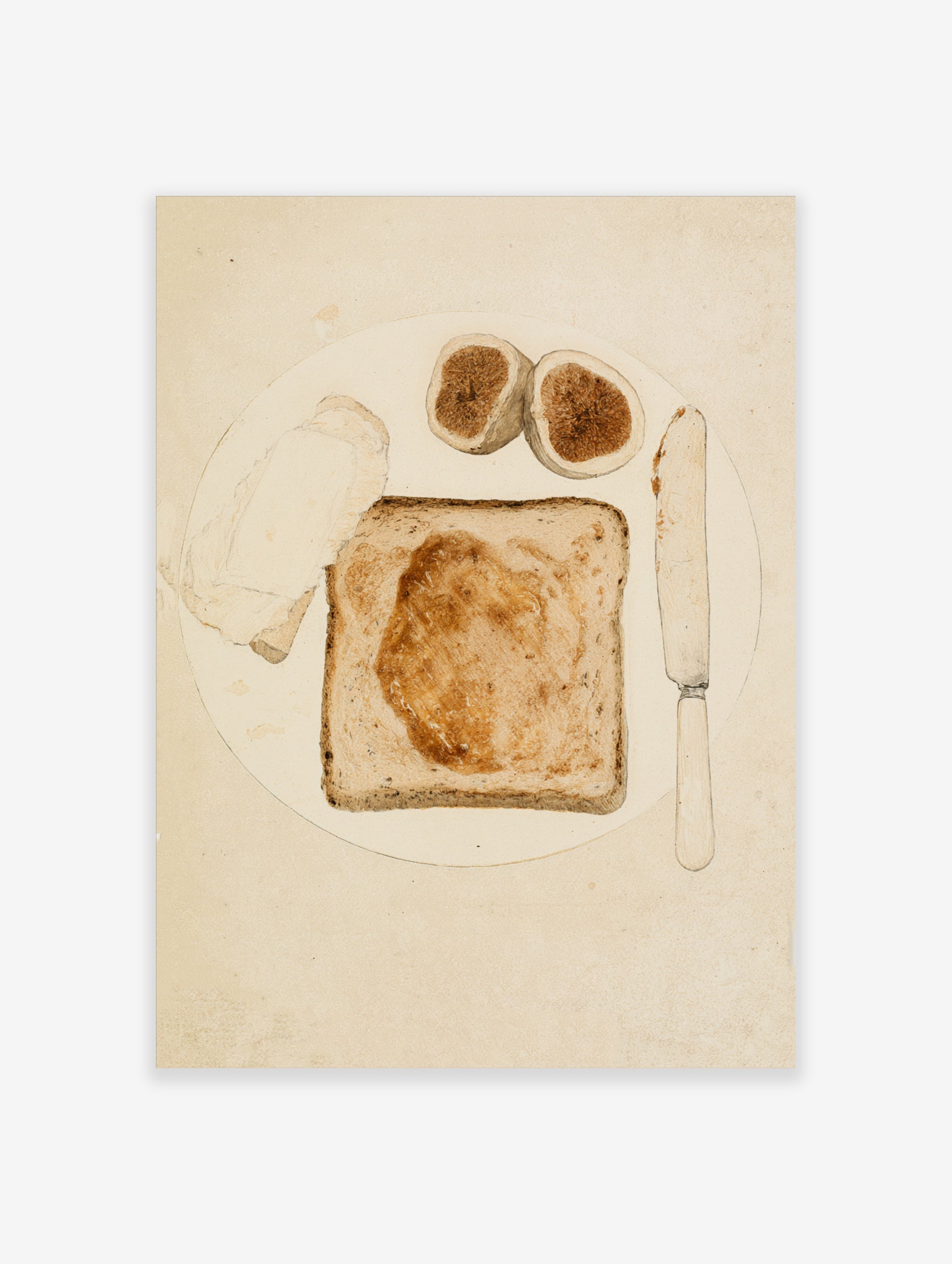 Minimalist breakfast illustration featuring toast with jam, halved figs, and a table knife on a plate, neutral tones