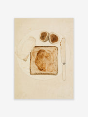 Minimalist breakfast illustration featuring toast with jam, halved figs, and a table knife on a plate, neutral tones
