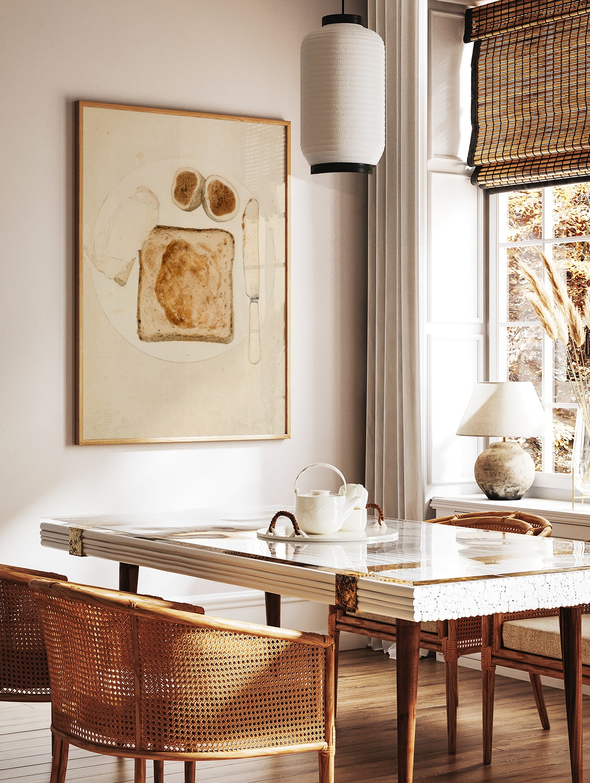 Minimalist breakfast illustration featuring toast with jam, halved figs, and a table knife on a, in a styled room mockup