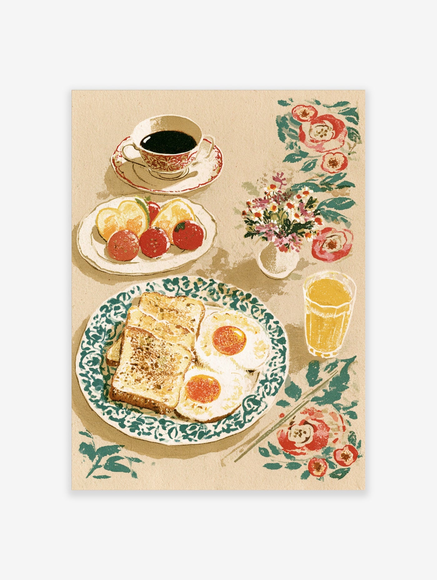 Retro-style breakfast still life illustration with toast, eggs, coffee, juice, and flowers on a textured beige background