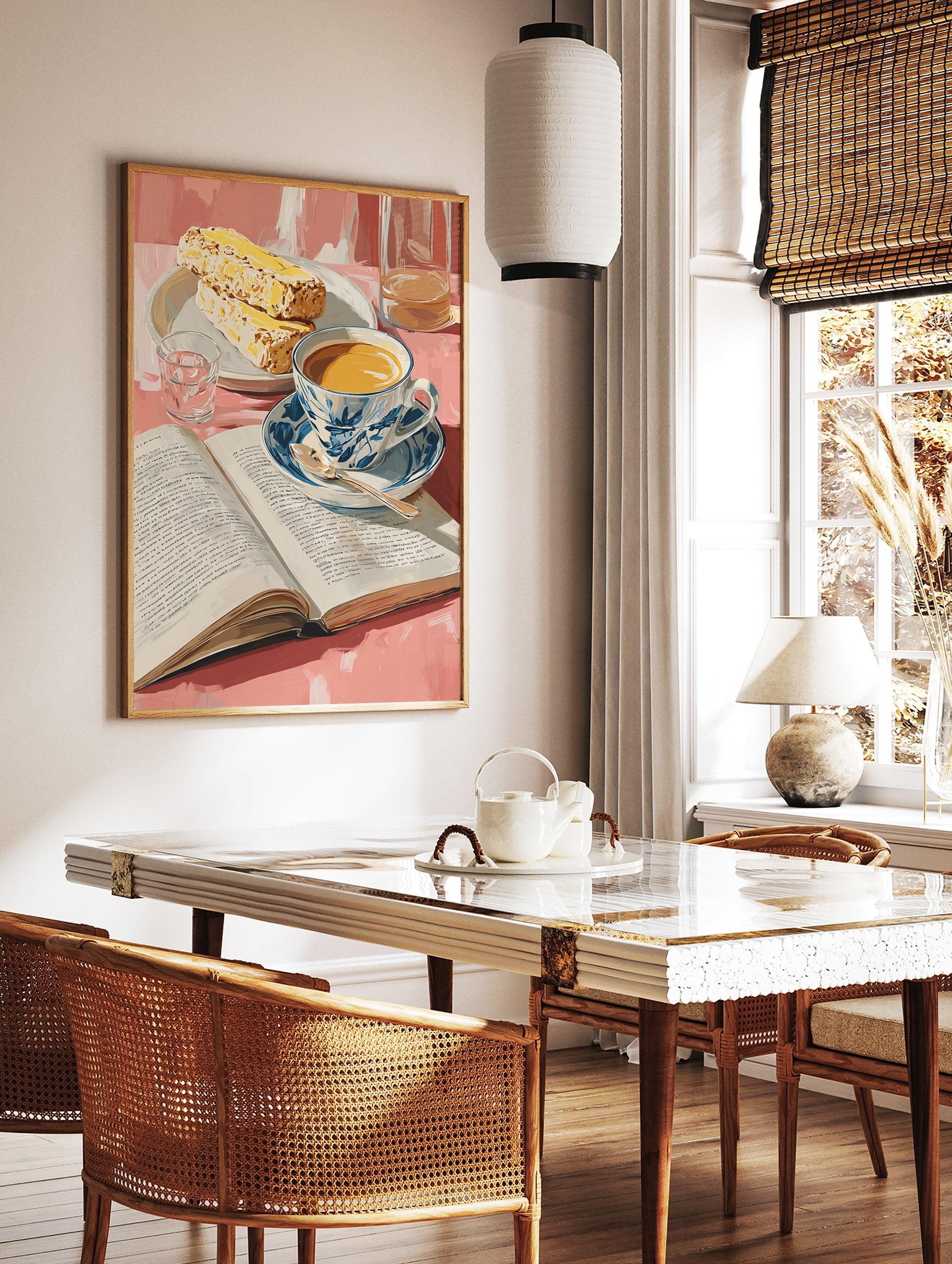 Breakfast still life poster featuring a cup of coffee, an open book, pastries, and a glass of water on a pink table. - Image 2